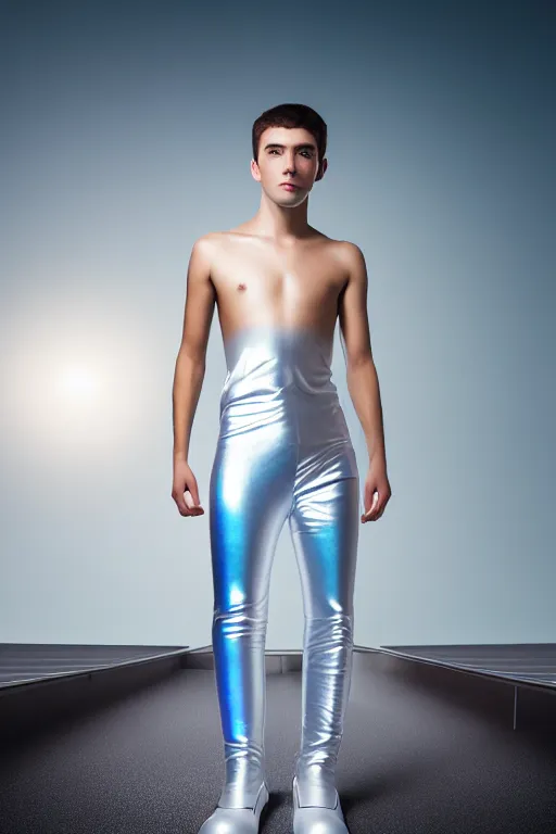 Image similar to un ultra high definition studio quality photographic art portrait of a young man standing on the rooftop of a british apartment building wearing soft baggy inflatable padded silver iridescent pearlescent clothing. three point light. extremely detailed. golden ratio, ray tracing, volumetric light, shallow depth of field. set dressed.