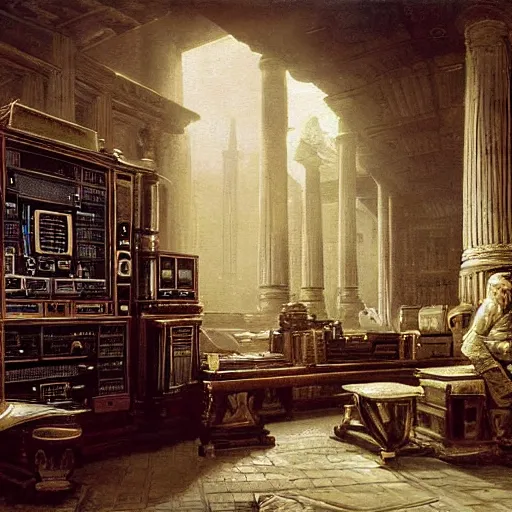 Image similar to painting of a scifi ancient civilzation victorian computer room with pillars, andreas achenbach