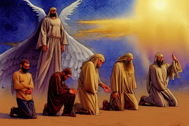 Image similar to a hyperrealist watercolour character concept art portrait of a group of middle eastern men kneeling down in prayer in front of a giant angel on a misty night in the desert. a ufo is in the background. by rebecca guay, michael kaluta, charles vess and jean moebius giraud