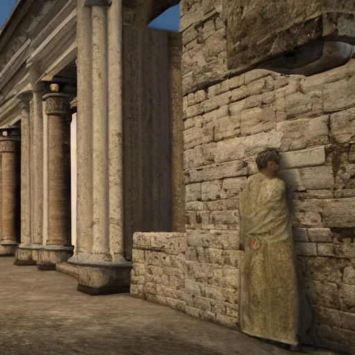 Image similar to 8 k, uhd, historical coloured pictures of ancient roman playing ps 5, highly details textures, highly details content