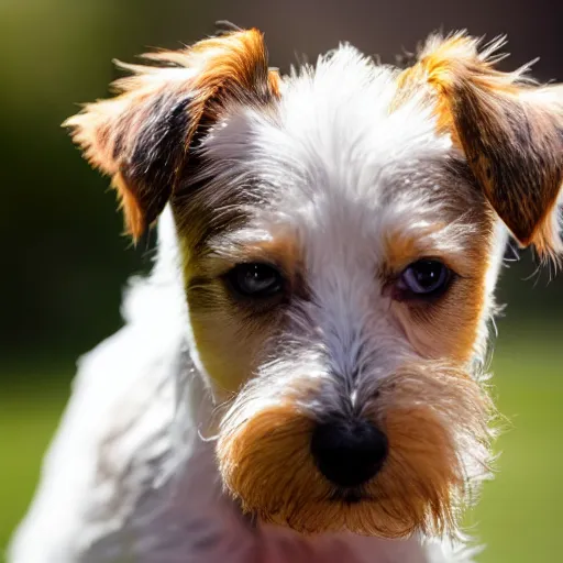 Image similar to a high quality photograph of a scruffy wire haired jack russell terrier puppy, white with chocolate brown spots, brown patches over both eyes. friendly, curious expression.