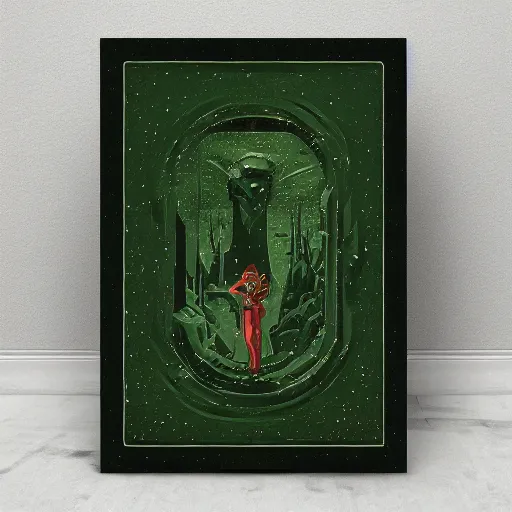 Prompt: Retro horror vintage sci-fi, 2D matte gouache illustration, dark green lush macabre woods, ornate, detailed, majestic