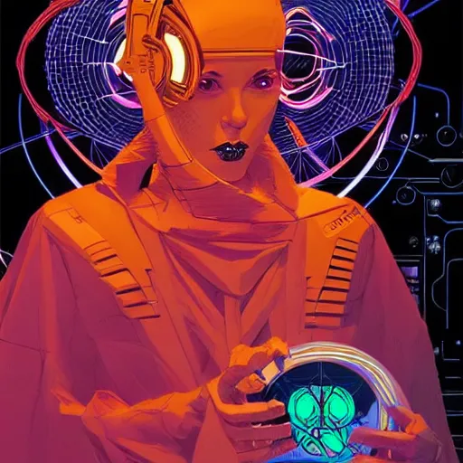 Image similar to a portrait of a beautiful cybernetic occultist performing summoning rituals to bring technological singularity, cyberpunk concept art by josan gonzales and jean claude meziere and syd mead and moebius