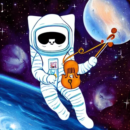 Prompt: a cat astronaut in space, holding a violin, nebula