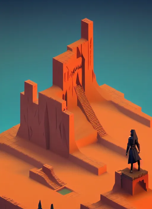 Prompt: a low poly isometric render of shadow of the tomb rider in the style of monument valley, intricate, elegant, smooth shading, soft lighting, illustration, simple, solid shapes, by magali villeneuve, jeremy lipkin and michael garmash, rob rey and kentaro miura style, octane render, zaha hadid