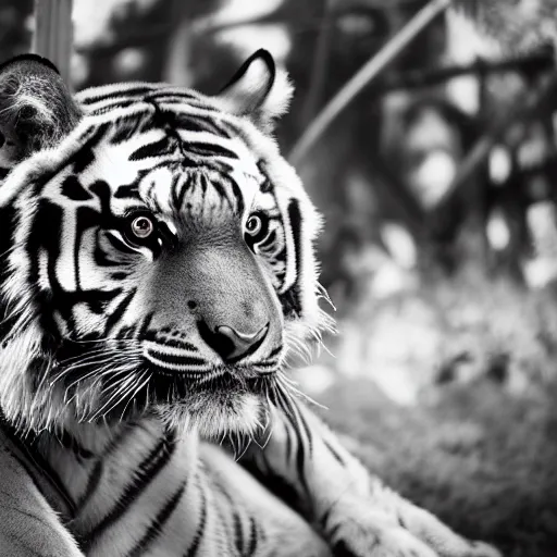 Image similar to woman from rising silent posing with a tiger in a garden, 1 9 2 0 s photography, trending on unsplash, black and white photography, intricately defined, complexly detailed, 4 k photorealism, golden ratio!!!!!, centered!!!!!