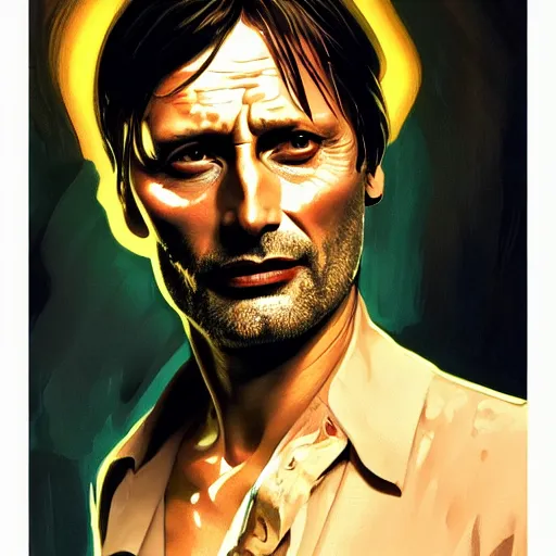 Prompt: Close-up portrait of Mads Mikkelson, Joshua Middleton artwork, dramatic backlighting, golden hour, autochrome, high contrast, highly detailed, sharp focus, digital painting, concept art, illustration, cyberpunk, solarpunk, trending on artstation, art by Phil Noto and Alex Toth, composition by alphonse mucha