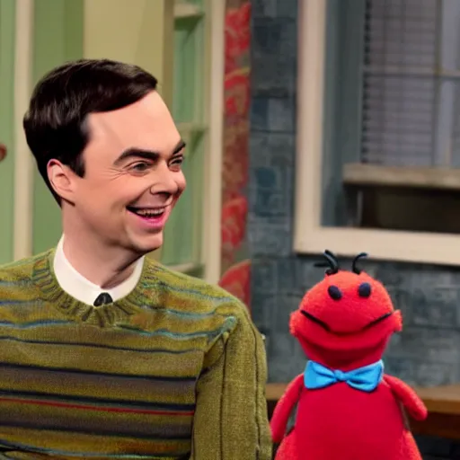 Prompt: jim parsons pretending to be mr. fred rodgers on pbs