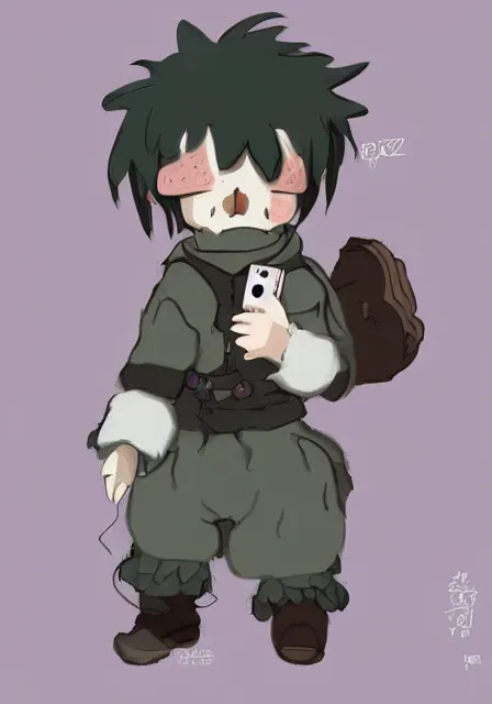 Image similar to little boy wearing sheep suit using a smartphone, gray, blue, green and brown pallet color. made in abyss art style, inspired in kris from deltarrune, cute detailed artwork, anatomically correct, clean details