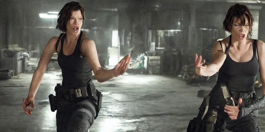 Image similar to mika jovovich in resident evil doing kung fu stunts