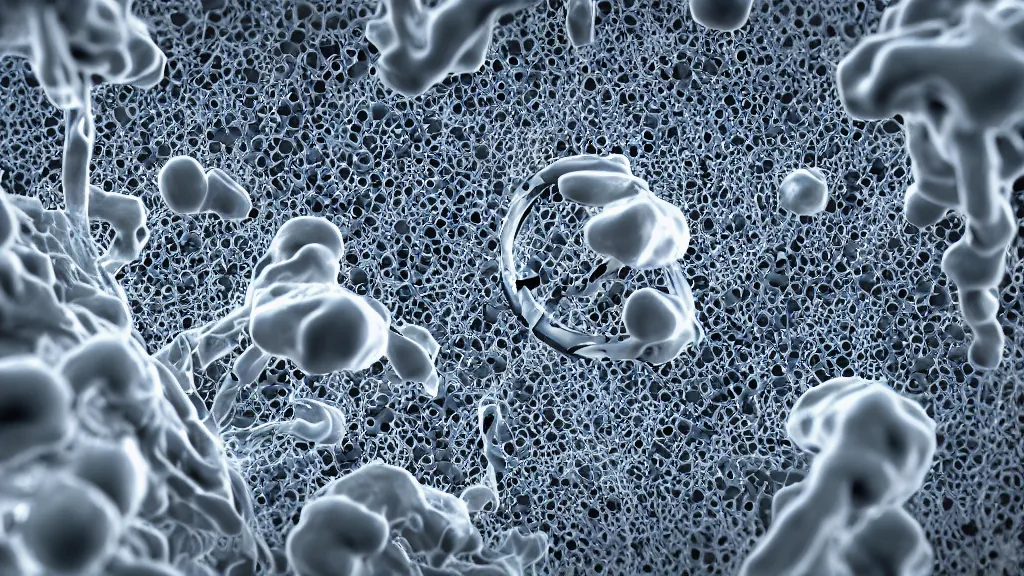 Prompt: beautiful 3 d closeup photo of deadly virus infecting a cell, seen through an electron microscope, detailed, high contrast, magazine scientific illustration, 8 k, octane render