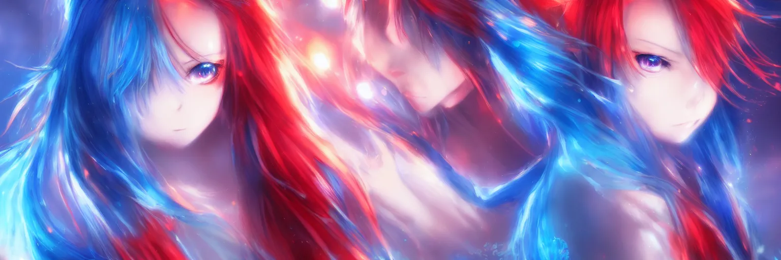 Image similar to advanced digital anime art, a very cute gorgeous teenage girl with a body made of fire and ice , full body, very long snow colored hair, sky blue highlights in hair, red fiery watery eyes, full round face, dramatic cinematic lighting, wideshot, highly intricately detailed, trending on pixiv, Artstation,