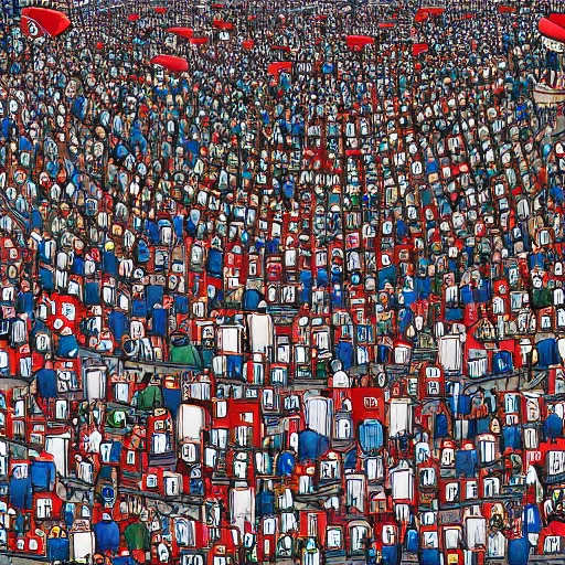 Prompt: a highly detailed Where's Waldo? drawing of a busy city, many people, high density, traffic, city centre, many details, Where's Wally?, Waldo, complex, by Martin Hendford