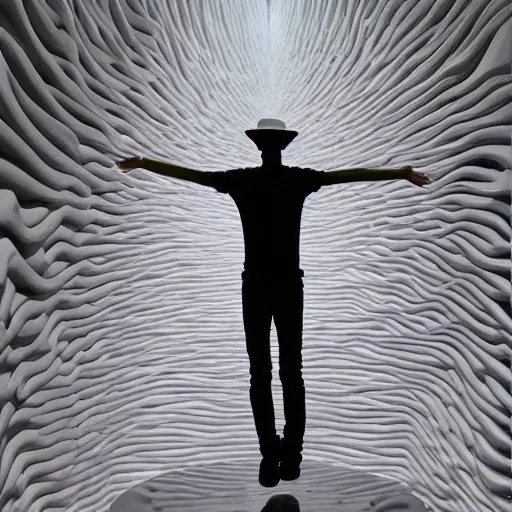 Prompt: a running man with a hat and a big head in a void space, long arm, sculpture by Kohei Nawa, ultra detailed 16k