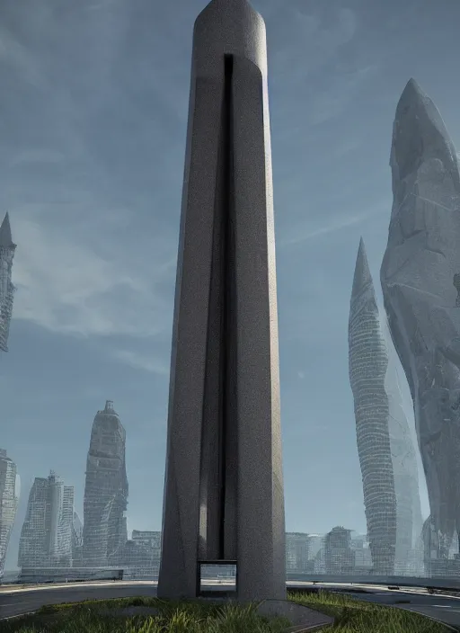 Image similar to highly detailed render of a high tech futuristic tall stele standing on the road ring made in unreal engine 4