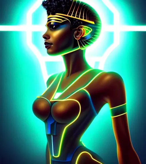 Image similar to symmetry!! egyptian goddess of technology, solid cube of light, hard edges, product render retro - futuristic poster scifi, lasers and neon circuits, brown skin beautiful egyptian goddess, intricate, elegant, highly detailed, digital painting, artstation, concept art, smooth, sharp focus, illustration, dreamlike, art by artgerm