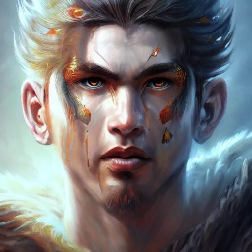 Image similar to Dramatic portraiture of Uuen, the Pictish god of stags, mixed media, trending on ArtStation, by Viktor Vasetnov and ArtGerm, luminism