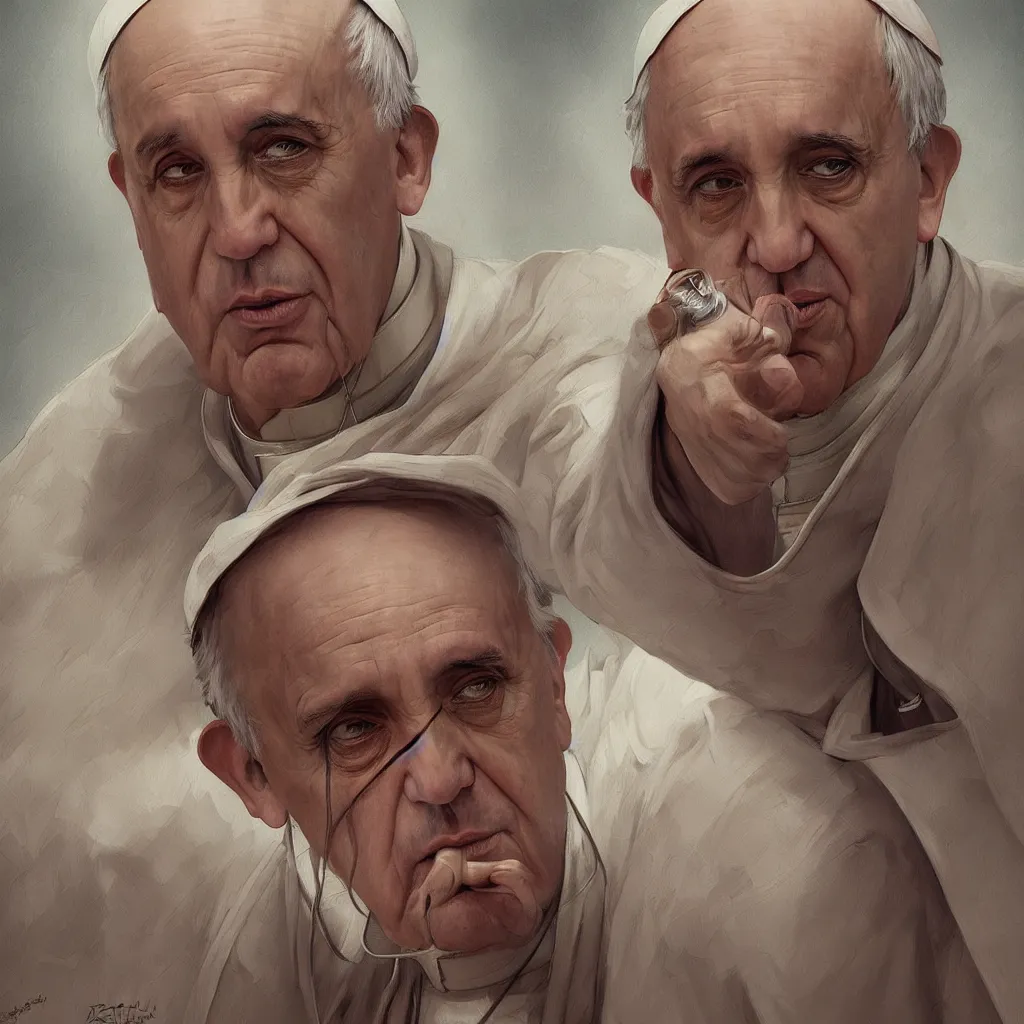 Image similar to pope francis, headshot, painted character portrait, highly detailed, digital painting, artstation, concept art, sharp focus, illustration, art by artgerm and greg rutkowski and alphonse mucha