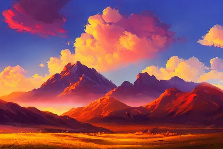 Image similar to a beautiful nature landscape with clouds, mountains, in background, sunset, by rhads