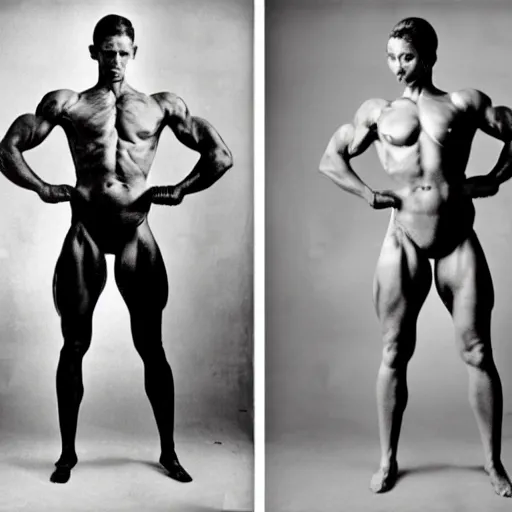 Prompt: A very accurate copy of Irving Penn's Muscle Builder (1951), accurate copy of all the original photo's details, but with a woman instead of a man, from the waist up