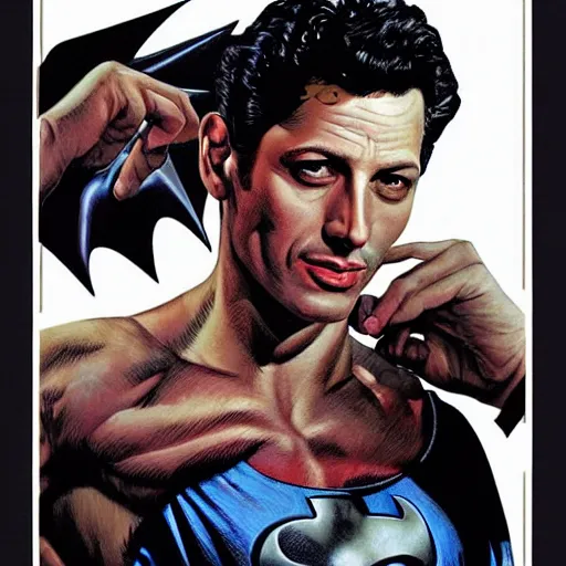 Prompt: young jeff goldblum as bruce wayne, muscular, batman t shirt, movie poster, joe jusko, boris vallejo