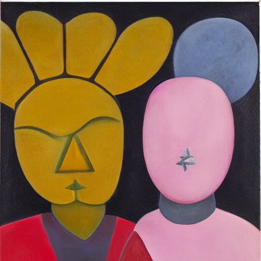 Image similar to Oil painting by Rufino Tamayo. Two mechanical gods with animal faces having a conversation. Oil painting by Lisa Yuskavage.