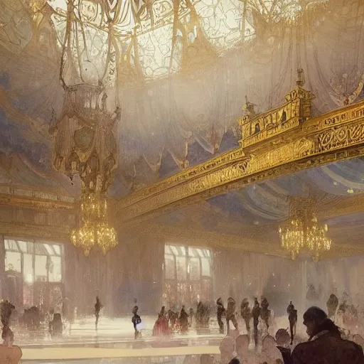 Image similar to a beautifull intricate watercolour painting of a ballroom, reflexions, verry high details by william turner art, greg rutkowski and alphonse mucha, trending on artstation, very very detailed, masterpiece, muted colors