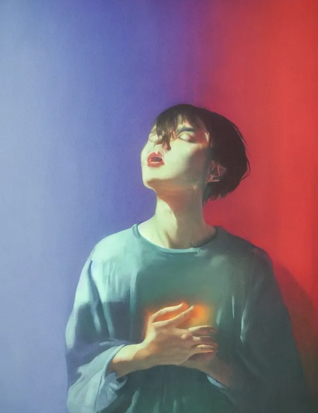 Image similar to boy in dark room praying, blue rays from tv, redshift, colour shift, wide shot, coloured polaroid photograph, pastel, kodak film, hyper real, stunning moody cinematography, by maripol, fallen angels by wong kar - wai, style of suspiria and neon demon, david hockney, detailed, oil on canvas