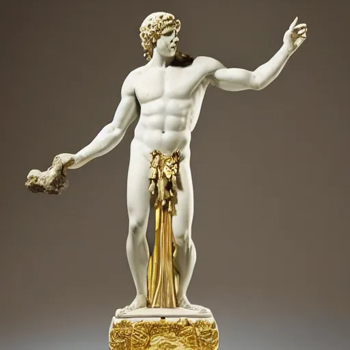 Image similar to a marble statue of zeus at olympus laid with gold