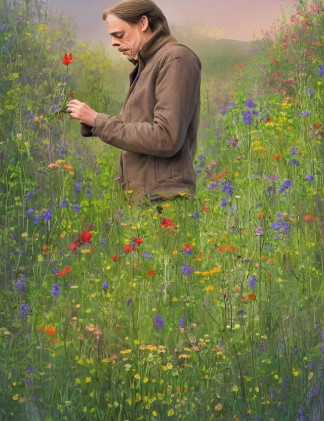 Prompt: steve buscemi picking wildflowers. gouache fairytale art, russian romanticism, muted palette, backlighting, depth of field