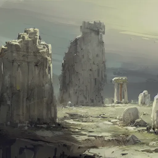 Image similar to concept art by ismail inceoglu of a small, white marble cliff in a meditereanian landscape, with stone henge on top
