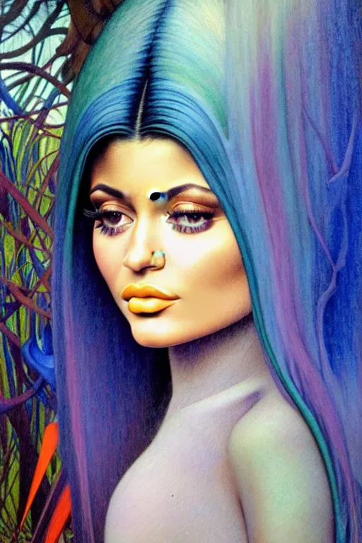 Image similar to realistic detailed face portrait painting of the beautiful kylie jenner with long hair with sci-fi headwear, futuristic sci-fi forest on background by Jean Delville, Amano, Yves Tanguy, Alphonse Mucha, Edward Robert Hughes, Roger Dean, moebus, hilma AF klint rich moody colours, blue eyes