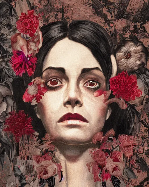 Image similar to a pulp illustration of a beautiful but serious woman in layers of fear, with haunted eyes and dark hair piled on her head, 1 9 7 0 s, seventies, floral wallpaper, wilted flowers, a little blood, morning light showing injuries, delicate ex embellishments, painterly, offset printing technique