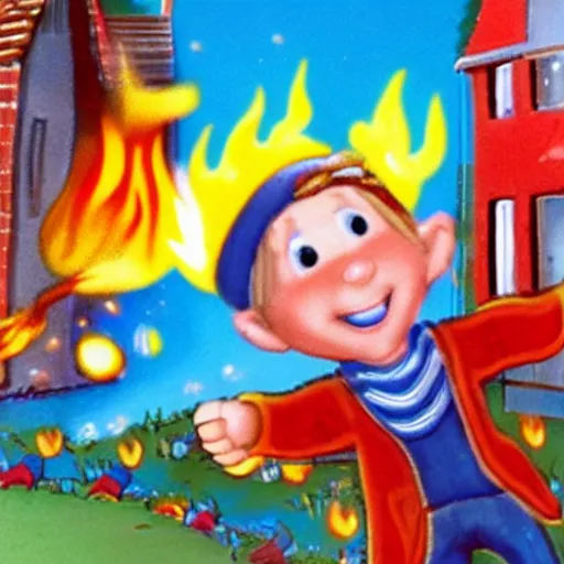 Prompt: noddy setting fire to houses