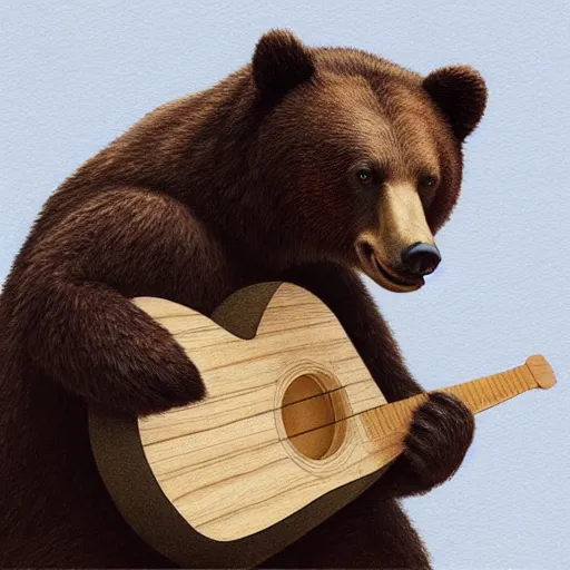 Prompt: realistic bear holding a triangular wooden triangle + guitar sound hole + guitar neck, highly detailed, digital painting, artstation, concept art, smooth, sharp focus, illustration, cinematic lighting, art by artgerm and greg rutkowski and alphonse mucha