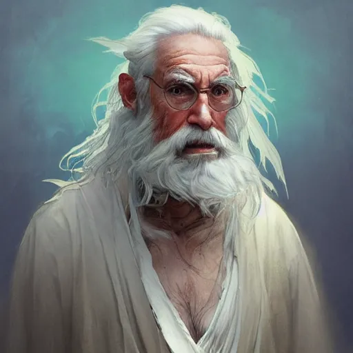 Prompt: Portrait of elderly wizard with white curling beard wearing tattered robes, waist high, intricate, wild, highly detailed, digital painting, artstation, concept art, smooth, sharp focus, illustration, art by artgerm and greg rutkowski and alphonse mucha