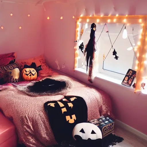 Image similar to a pink and gold bedroom with halloween themed christmas decorations, loft bed, books, throw rug, cushions, gamer, relaxing, real life, high resolution, kawaii