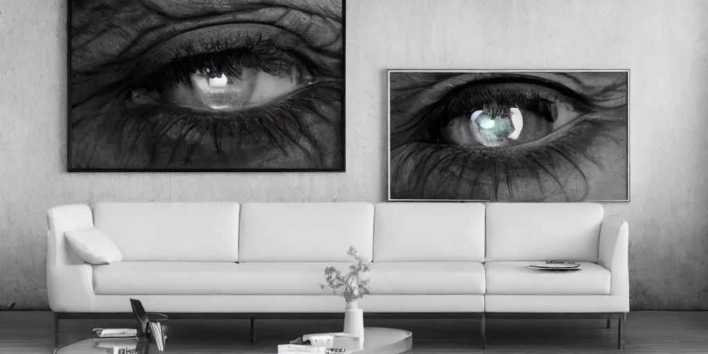 Image similar to photograph of a white leather couch with a huge photograph of a human eye on the wall behind it, ultra wide angle lens, hyperreal, super sharp photography