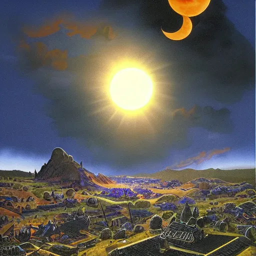 Image similar to dark solar eclipse, above a village, highly detailed, studio 4 k quality, by clyde caldwell