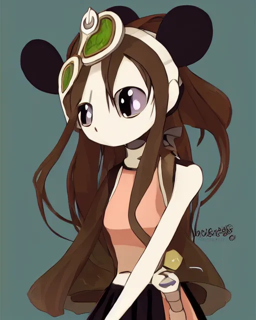 Prompt: A cute wakfu-style frontal painting of a very very beautiful anime skinny mousegirl with long wavy brown colored hair and small mouse ears on top of her head wearing a cute black dress and black shoes looking at the viewer, elegant, delicate, feminine, soft lines, higly detailed, smooth , pixiv art, ArtStation, artgem, art by alphonse mucha Gil Elvgren and Greg rutkowski, high quality, digital illustration, concept art, very long shot