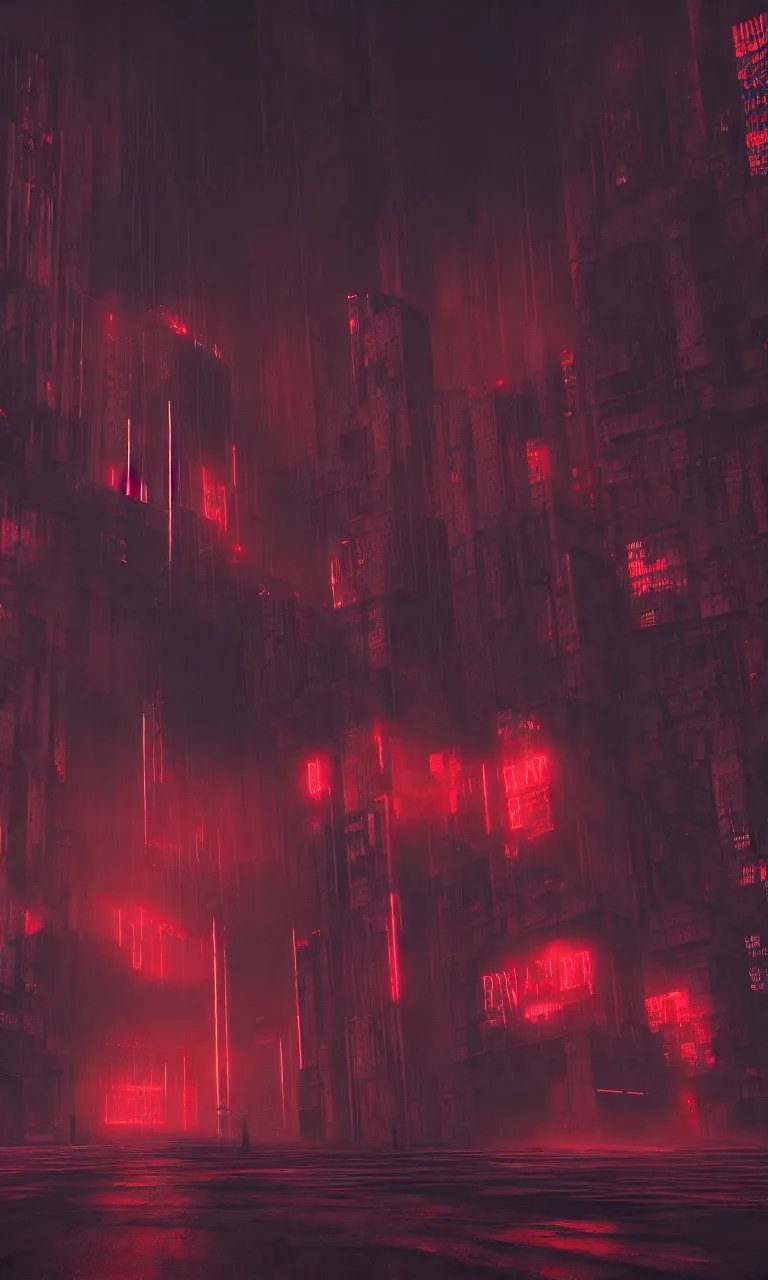 Image similar to Matte painting of dark brutalist cyberpunk cathedral with red neon signs, abandoned streets, cityscape, dark sky, hyper realism, fog, 8k, trending on artstation