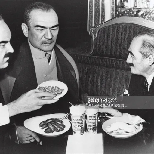 Image similar to mustafa kemal ataturk eating mcdonalds