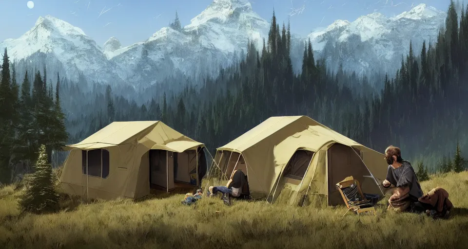 Image similar to cabela's beautiful comfortable self contained modular insulated wall container home kit - house all weather family dwelling tent house, person in foreground, mountainous forested wilderness open fields, beautiful views, painterly concept art, environmental concept art, concept art illustration, by james gurney, by craig mullins, by greg rutkowski trending on artstation