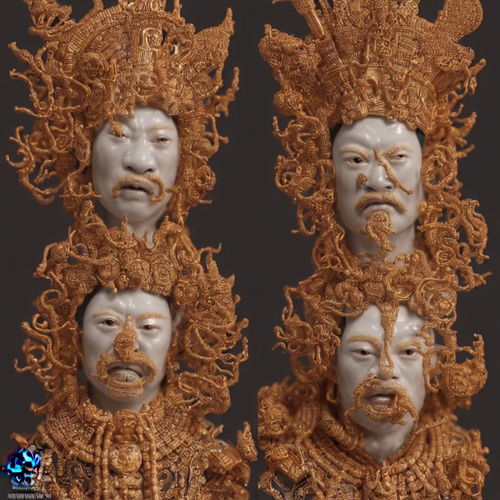 Prompt: A photo-real delicate ceramic porcelain sculpture of an ornate detailed mayan king in front of a intricate background by Victo Ngai and takato yamamoto, micro detail, backlit lighting, subsurface scattering, translucent, thin porcelain, octane renderer, colorful, physically based rendering, japanese pottery, trending on cgsociety