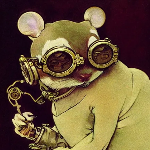 Prompt: a rat with steampunk googles, by Alfons Maria Mucha