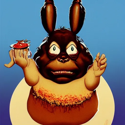 Image similar to big chungus big eyes wide open, horrific sentient meatloaf, holding meatloaf, sloppy, gross, meatloaf, hyper realistic, terrifying, disturbing, strange, bizarre, masterpiece, meatloaf is everywhere, ground beef bloody, liquid, 4 k, vivid colors, elegant, highly detailed, john park, frazetta, john howe, ruan jia, jeffrey catherine jones