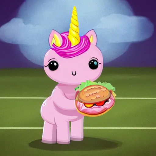 Prompt: a pretty pink unicorn eating a little hamburger on a soccer field | digital art | very high quality | very detailed | totally awesome | very cute