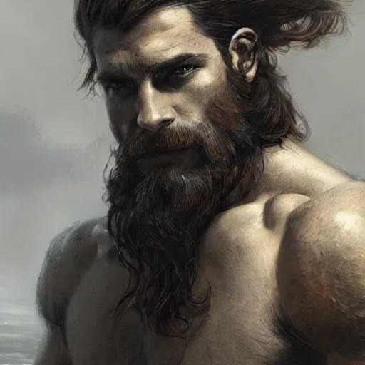 Image similar to back portrait of a rugged ranger, hairy, D&D, muscular, fantasy, intricate, elegant, highly detailed, digital painting, artstation, concept art, matte, sharp focus, illustration, art by Artgerm and Greg Rutkowski and Alphonse Mucha