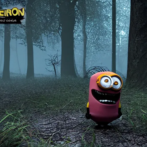 Image similar to creepy, scary, horror minion in dark forest, 8k, CryEngine