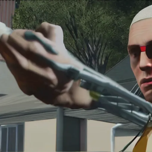 Image similar to a photo of Eminem as a GTA 5 cutscene effect